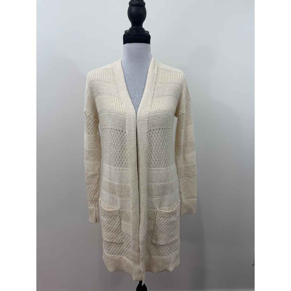Joie Womens Ivory Open Front Longline Knit Cardigan Sweater XS Pockets Pointelle